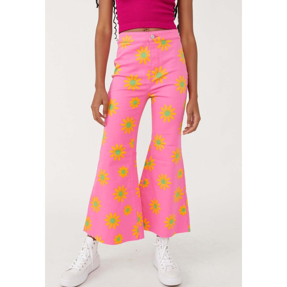 Free People Pink Floral Wide Leg Flare Jeans